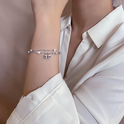 Cute Layered Ball Bead Star Small Bell Bracelet for Women Girls White Gold Plated Frosted Adjustable Charms Box Chain Trendy Birthday Christmas Party Lucky Jewelry Gift in Saudi Arabia