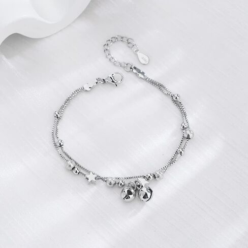 Cute Layered Ball Bead Star Small Bell Bracelet for Women Girls White Gold Plated Frosted Adjustable Charms Box Chain Trendy Birthday Christmas Party Lucky Jewelry Gift in Saudi Arabia