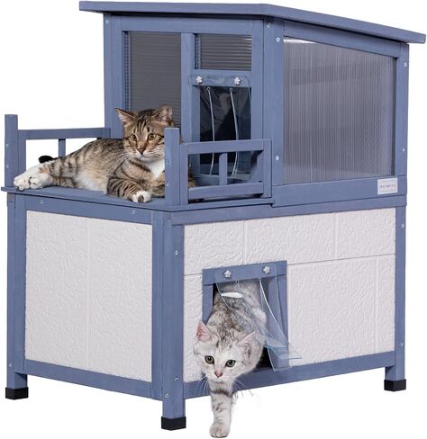 Insulated Cat House, Outside Cat Shelter 2 Level, Winter Weatherproof Outside Feral Cat House with Escape Door & Door Curtain in Saudi Arabia