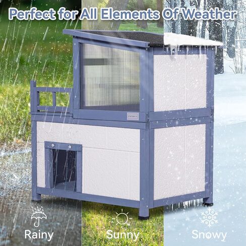 Insulated Cat House, Outside Cat Shelter 2 Level, Winter Weatherproof Outside Feral Cat House with Escape Door & Door Curtain in Saudi Arabia