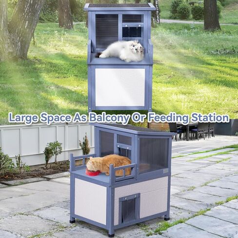 Insulated Cat House, Outside Cat Shelter 2 Level, Winter Weatherproof Outside Feral Cat House with Escape Door & Door Curtain in Saudi Arabia