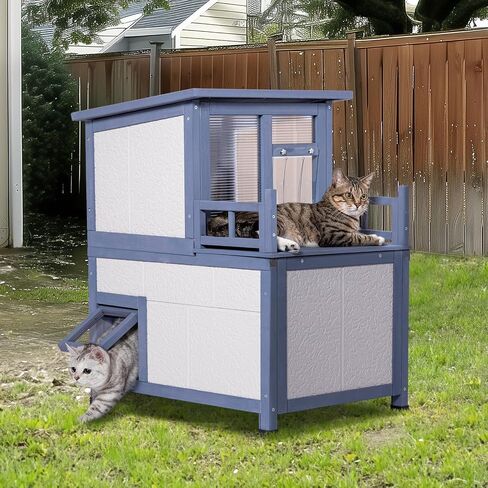 Insulated Cat House, Outside Cat Shelter 2 Level, Winter Weatherproof Outside Feral Cat House with Escape Door & Door Curtain in Saudi Arabia
