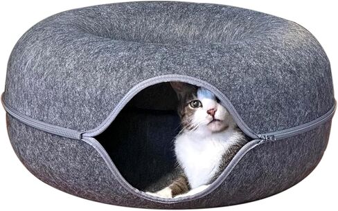سرير نفق كبير للقطط للقطط الداخلية، سرير كهف للقطط على شكل دونات مقاوم للخدش، يصل إلى 30 رطلاً (طول 24 × 24 × 11 بوصة، رمادي داكن) in Kuwait