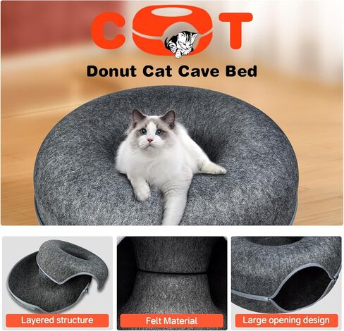 سرير نفق كبير للقطط للقطط الداخلية، سرير كهف للقطط على شكل دونات مقاوم للخدش، يصل إلى 30 رطلاً (طول 24 × 24 × 11 بوصة، رمادي داكن) in Kuwait