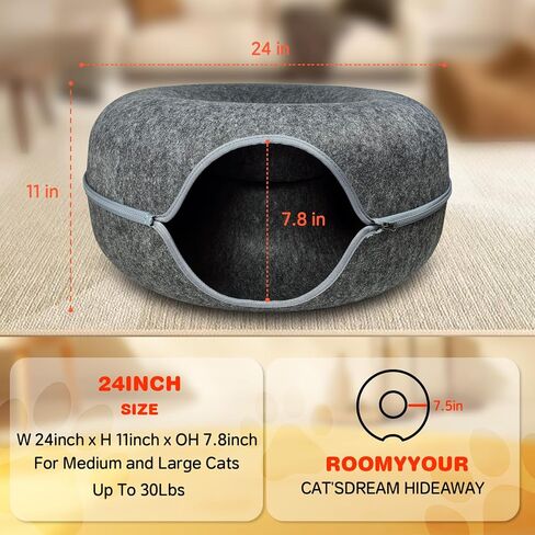 سرير نفق كبير للقطط للقطط الداخلية، سرير كهف للقطط على شكل دونات مقاوم للخدش، يصل إلى 30 رطلاً (طول 24 × 24 × 11 بوصة، رمادي داكن) in Kuwait