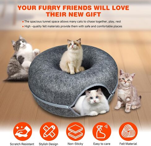 سرير نفق كبير للقطط للقطط الداخلية، سرير كهف للقطط على شكل دونات مقاوم للخدش، يصل إلى 30 رطلاً (طول 24 × 24 × 11 بوصة، رمادي داكن) in Kuwait