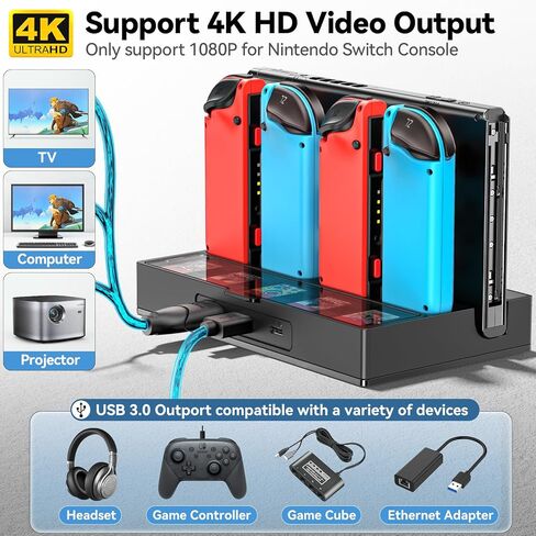 قاعدة التبديل مع شاحن وحدة التحكم، محطة إرساء محول HDMI 4K للتلفزيون المتوافقة مع نينتندو سويتش/سويتش OLED، محطة قاعدة التبديل المحمولة وقاعدة التبديل مع 5 فتحات ألعاب، منفذ USB3.0 in Kuwait