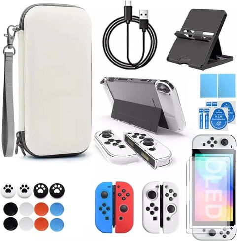 مجموعة ملحقات لجهاز Nintendo Switch OLED، مجموعة ملحقات مع حقيبة حمل، واقي شاشة، كابل شاحن USB، مقابض إبهام، حامل ألعاب متوافق مع Swith OLED(28 en 1) in Saudi Arabia