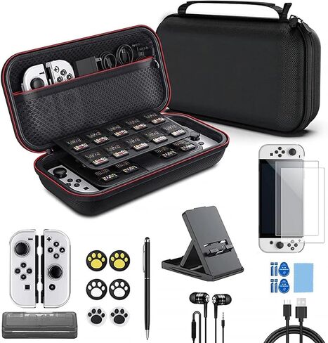 مجموعة ملحقات لجهاز Nintendo Switch OLED، مجموعة ملحقات مع حقيبة حمل، واقي شاشة، كابل شاحن USB، مقابض إبهام، حامل ألعاب متوافق مع Swith OLED(28 en 1) in Saudi Arabia