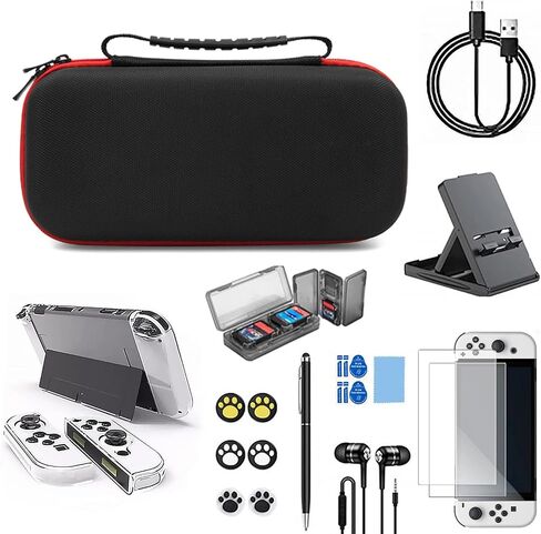 مجموعة ملحقات لجهاز Nintendo Switch OLED، مجموعة ملحقات مع حقيبة حمل، واقي شاشة، كابل شاحن USB، مقابض إبهام، حامل ألعاب متوافق مع Swith OLED(28 en 1) in Saudi Arabia