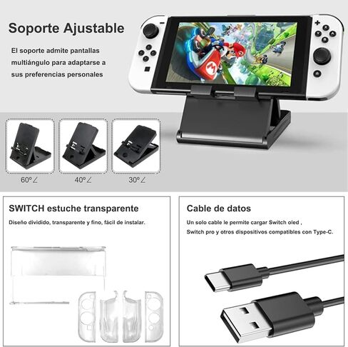 مجموعة ملحقات لجهاز Nintendo Switch OLED، مجموعة ملحقات مع حقيبة حمل، واقي شاشة، كابل شاحن USB، مقابض إبهام، حامل ألعاب متوافق مع Swith OLED(28 en 1) in Saudi Arabia