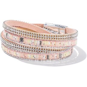 FANCY SHINY Boho Leather Wrap Bracelet Stackable Crystal Rhinestone Bangle Cuff with Magnetic Clasp Trendy Bohemian Jewelry for Women in Saudi Arabia