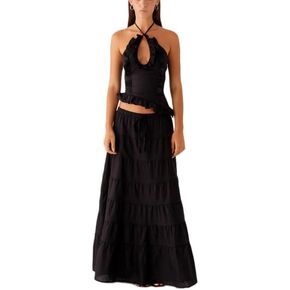 Womens 2 قطعة Maxi Skirt Set Y2K Halter Ruched Cami Top Tiered Tiered Flowy Shulk Skirt 2025 Summer Beach Outfits in Kuwait