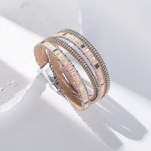 FANCY SHINY Boho Leather Wrap Bracelet Stackable Crystal Rhinestone Bangle Cuff with Magnetic Clasp Trendy Bohemian Jewelry for Women in Saudi Arabia