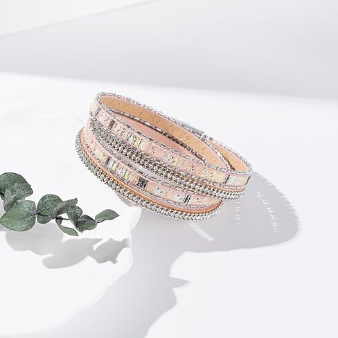 FANCY SHINY Boho Leather Wrap Bracelet Stackable Crystal Rhinestone Bangle Cuff with Magnetic Clasp Trendy Bohemian Jewelry for Women in Saudi Arabia