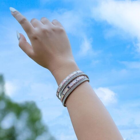 FANCY SHINY Boho Leather Wrap Bracelet Stackable Crystal Rhinestone Bangle Cuff with Magnetic Clasp Trendy Bohemian Jewelry for Women in Saudi Arabia