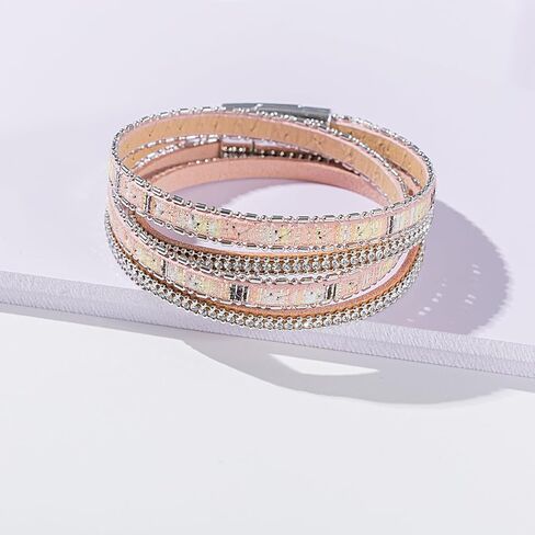 FANCY SHINY Boho Leather Wrap Bracelet Stackable Crystal Rhinestone Bangle Cuff with Magnetic Clasp Trendy Bohemian Jewelry for Women in Saudi Arabia