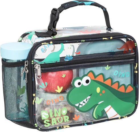 Bagseri Clear Kids Lunch Bags - Girls Lunch Box for School Reusable Snack Bag with Water Bottle Holder Stadium Approved Clear Bag, Black Cute Dinosaur in Kuwait