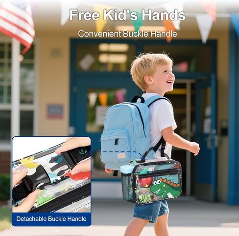 Bagseri Clear Kids Lunch Bags - Girls Lunch Box for School Reusable Snack Bag with Water Bottle Holder Stadium Approved Clear Bag, Black Cute Dinosaur in Kuwait
