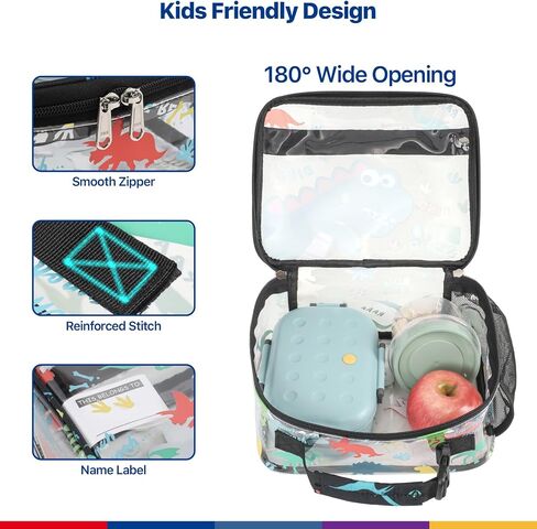 Bagseri Clear Kids Lunch Bags - Girls Lunch Box for School Reusable Snack Bag with Water Bottle Holder Stadium Approved Clear Bag, Black Cute Dinosaur in Kuwait