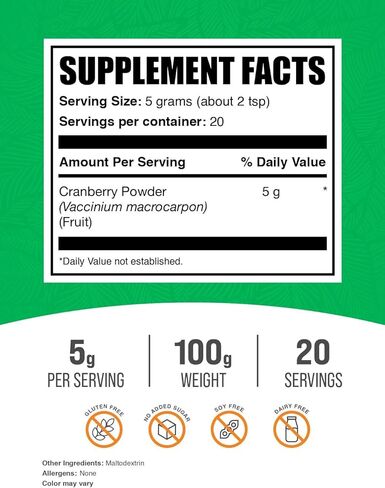 BulkSupplements.com Cranberry Powder - Cranberry Supplements for Women & Men, Dried Cranberries Unsweetened - Gluten Free & Sugar Free, 5g per Serving, 500g (1.1 lbs) (Pack of 1) in Saudi Arabia