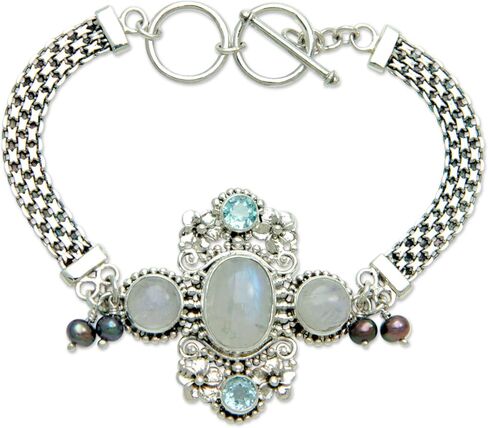 Novica Artisan Handmade Handmed Pearl Rainbow Moonstone Bracelet Blue Topaz Sterling Silver MultiGem Clear Multicolor Pendant Indonesia Floral Birthstone [Bracelet 7 in Min L x 7.5 in] in Saudi Arabia