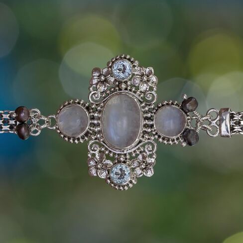 Novica Artisan Handmade Handmed Pearl Rainbow Moonstone Bracelet Blue Topaz Sterling Silver MultiGem Clear Multicolor Pendant Indonesia Floral Birthstone [Bracelet 7 in Min L x 7.5 in] in Saudi Arabia