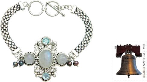 Novica Artisan Handmade Handmed Pearl Rainbow Moonstone Bracelet Blue Topaz Sterling Silver MultiGem Clear Multicolor Pendant Indonesia Floral Birthstone [Bracelet 7 in Min L x 7.5 in] in Saudi Arabia