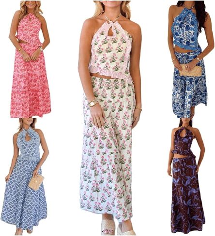Womens 2 Piece Maxi Skirt Set Y2k Halter Ruched Cami Top Tiered Flowy Ruffle Skirt 2025 Summer Beach Outfits in Saudi Arabia