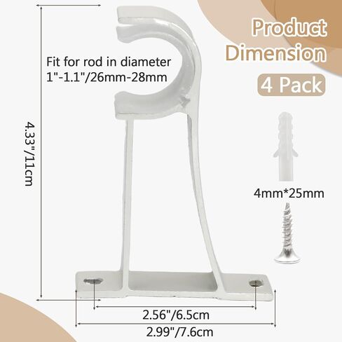 4 Pack Curtain Rod Brackets for Wall, Curtain Rod Holders for 1 Inch Drapery-Rod, Heavy Duty Pole Support Brackets for Living Room Bedroom Drapes (White) in Saudi Arabia