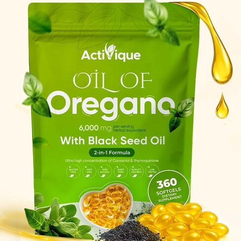 Activique’s Oil of Oregano with Black Seed Oil, 4X Strength Carvacrol & Thymoquinone, 2 in 1 Oregano Supplement for Immune Health, Plant Based, Non-GMO, Antioxidant & Immune Support, 360 Softgels in Saudi Arabia