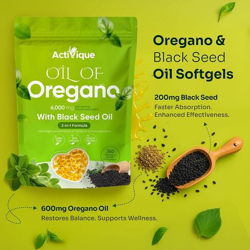 Activique’s Oil of Oregano with Black Seed Oil, 4X Strength Carvacrol & Thymoquinone, 2 in 1 Oregano Supplement for Immune Health, Plant Based, Non-GMO, Antioxidant & Immune Support, 360 Softgels in Saudi Arabia