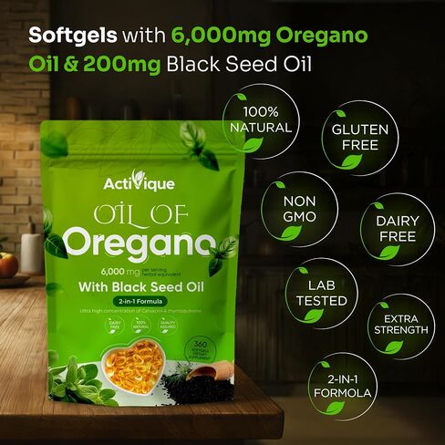 Activique’s Oil of Oregano with Black Seed Oil, 4X Strength Carvacrol & Thymoquinone, 2 in 1 Oregano Supplement for Immune Health, Plant Based, Non-GMO, Antioxidant & Immune Support, 360 Softgels in Saudi Arabia