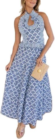 Womens 2 Piece Maxi Skirt Set Y2k Halter Ruched Cami Top Tiered Flowy Ruffle Skirt 2025 Summer Beach Outfits in Saudi Arabia