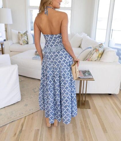 Womens 2 Piece Maxi Skirt Set Y2k Halter Ruched Cami Top Tiered Flowy Ruffle Skirt 2025 Summer Beach Outfits in Saudi Arabia