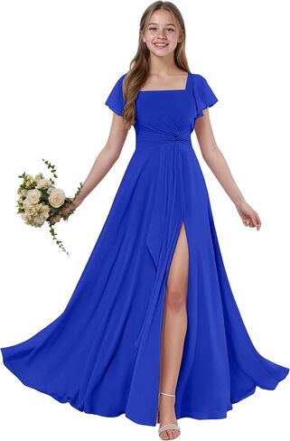 Junior Bridesmaid Dresses Short Sleeves Chiffon Flower Girls Dress Square Neck A-line Girls Wedding Party Dress in Saudi Arabia