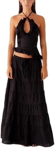 Womens 2 Piece Maxi Skirt Set Y2k Halter Ruched Cami Top Tiered Flowy Ruffle Skirt 2025 Summer Beach Outfits in Saudi Arabia