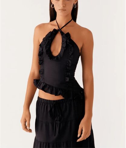 Womens 2 Piece Maxi Skirt Set Y2k Halter Ruched Cami Top Tiered Flowy Ruffle Skirt 2025 Summer Beach Outfits in Saudi Arabia