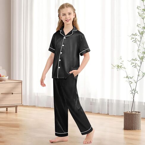 Weixinbuy Girls Pajamas Set Button أسفل الأكمام القصير Pjs الساتان بيجاماس نوم صالة صالة 3pcs Pjs for Teen Kids Boys in Saudi Arabia