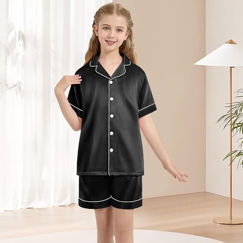 Weixinbuy Girls Pajamas Set Button أسفل الأكمام القصير Pjs الساتان بيجاماس نوم صالة صالة 3pcs Pjs for Teen Kids Boys in Saudi Arabia