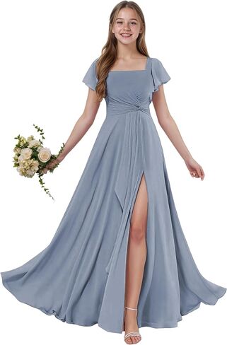 Junior Bridesmaid Dresses Short Sleeves Chiffon Flower Girls Dress Square Neck A-line Girls Wedding Party Dress in Saudi Arabia