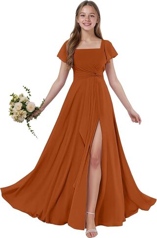 Junior Bridesmaid Dresses Short Sleeves Chiffon Flower Girls Dress Square Neck A-line Girls Wedding Party Dress in Saudi Arabia