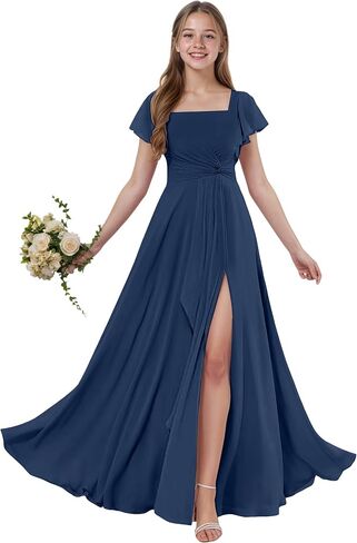 Junior Bridesmaid Dresses Short Sleeves Chiffon Flower Girls Dress Square Neck A-line Girls Wedding Party Dress in Saudi Arabia