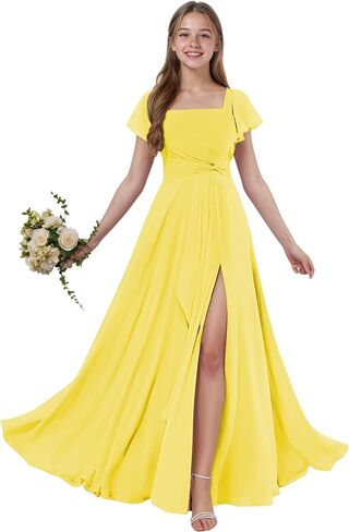 Junior Bridesmaid Dresses Short Sleeves Chiffon Flower Girls Dress Square Neck A-line Girls Wedding Party Dress in Saudi Arabia