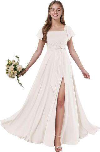 Junior Bridesmaid Dresses Short Sleeves Chiffon Flower Girls Dress Square Neck A-line Girls Wedding Party Dress in Saudi Arabia
