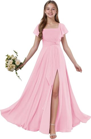 Junior Bridesmaid Dresses Short Sleeves Chiffon Flower Girls Dress Square Neck A-line Girls Wedding Party Dress in Saudi Arabia