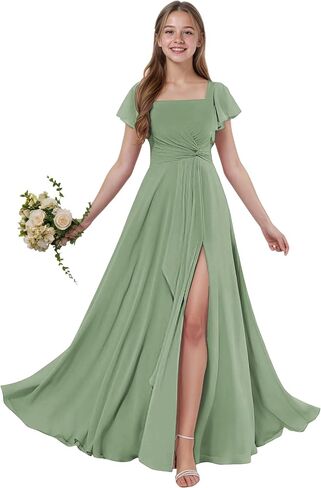 Junior Bridesmaid Dresses Short Sleeves Chiffon Flower Girls Dress Square Neck A-line Girls Wedding Party Dress in Saudi Arabia
