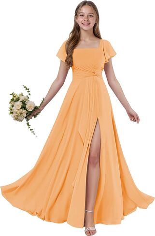 Junior Bridesmaid Dresses Short Sleeves Chiffon Flower Girls Dress Square Neck A-line Girls Wedding Party Dress in Saudi Arabia