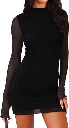 OFEEFAN Women's Bodycon Mock Neck Mini Dress Mesh Long Sleeve Club Party Dresses in Saudi Arabia