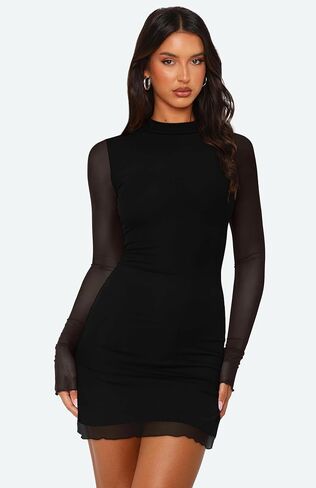 OFEEFAN Women's Bodycon Mock Neck Mini Dress Mesh Long Sleeve Club Party Dresses in Saudi Arabia